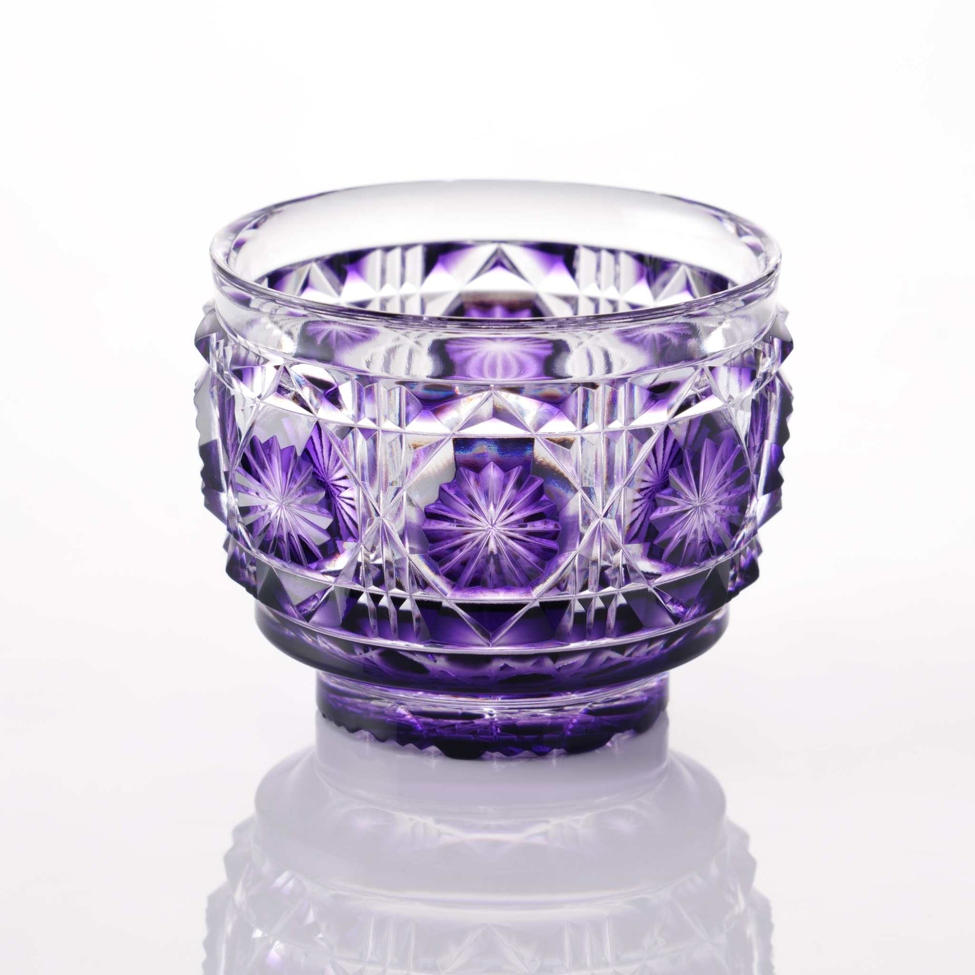 Shimadzu Purple Satsuma Kiriko sake cup with starburst and geometric patterns.