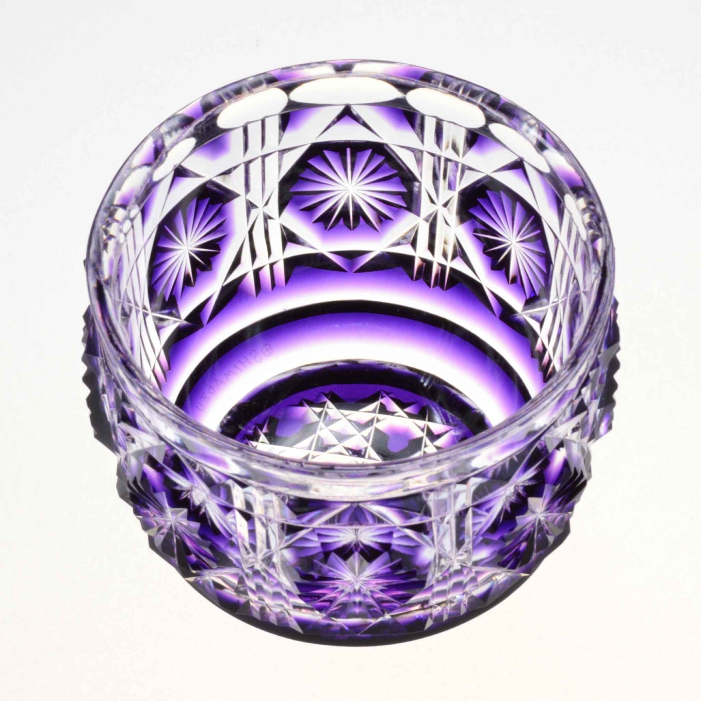 Shimadzu Purple Satsuma Kiriko large sake cup showcasing hand-cut starburst designs.