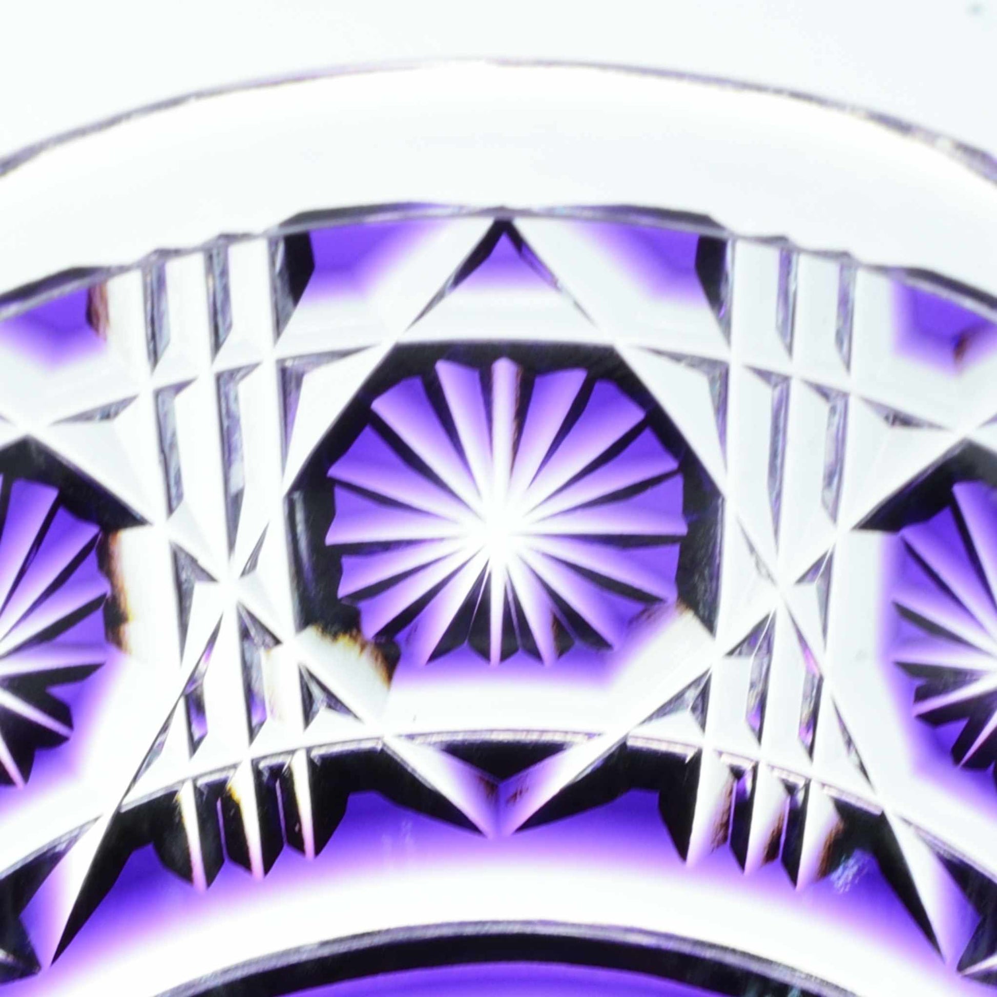 Close-up of intricate starburst pattern on Shimadzu Purple Satsuma Kiriko sake cup.