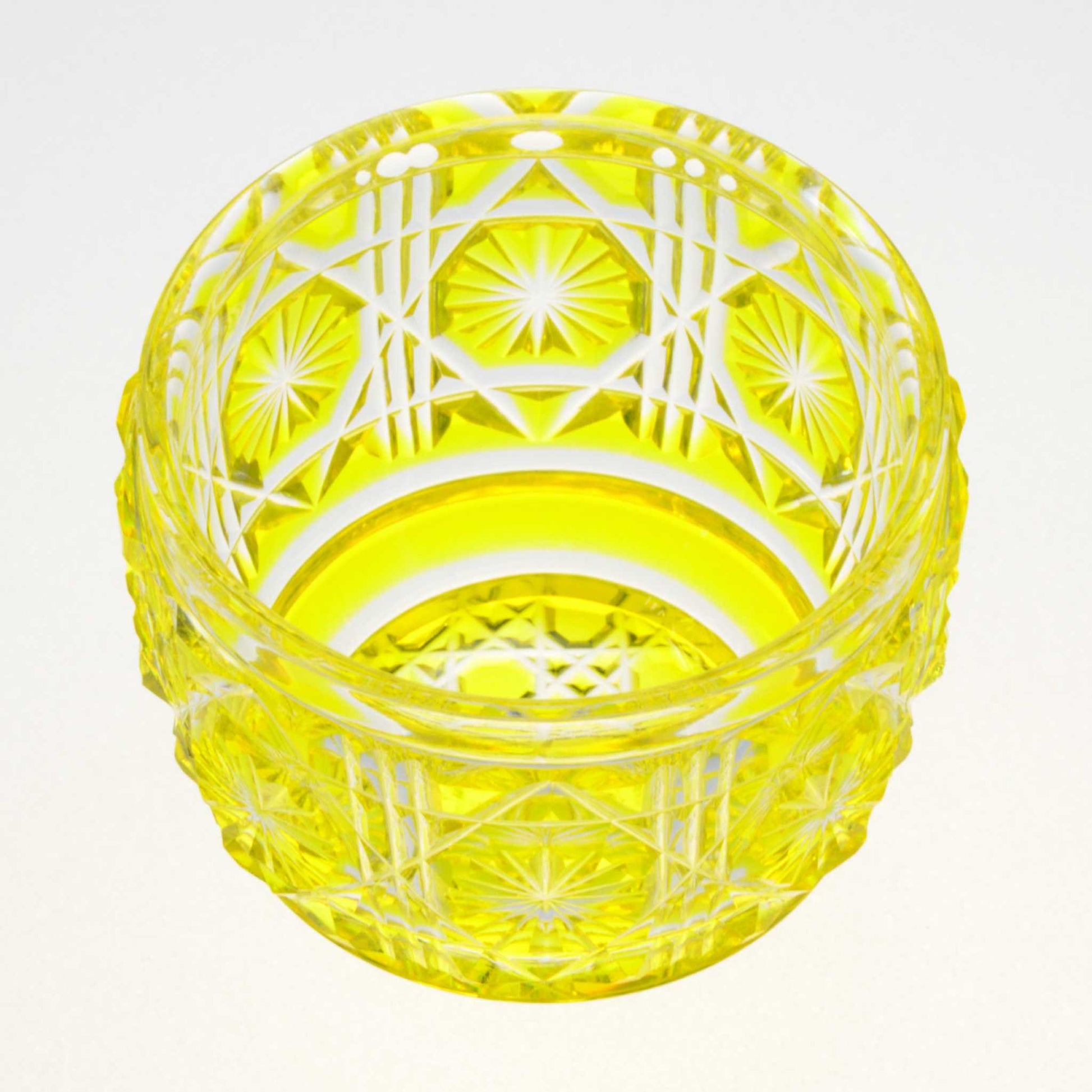 Elegant Satsuma Kiriko large yellow sake cup featuring detailed hand-cut designs.