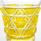 Detailed side view of a Satsuma Kiriko two-tone yellow sake glass, featuring geometric star patterns.