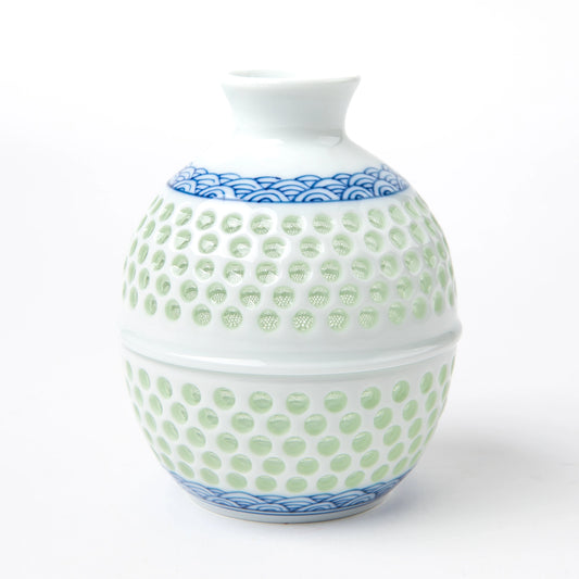 Tanshingama Sake Bottle with alternating bands of celadon dots and traditional wave pattern.