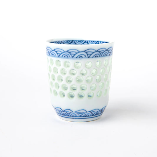 Tanshingama Sake Cup on a pedestal base with raised celadon dots and wave patterns.