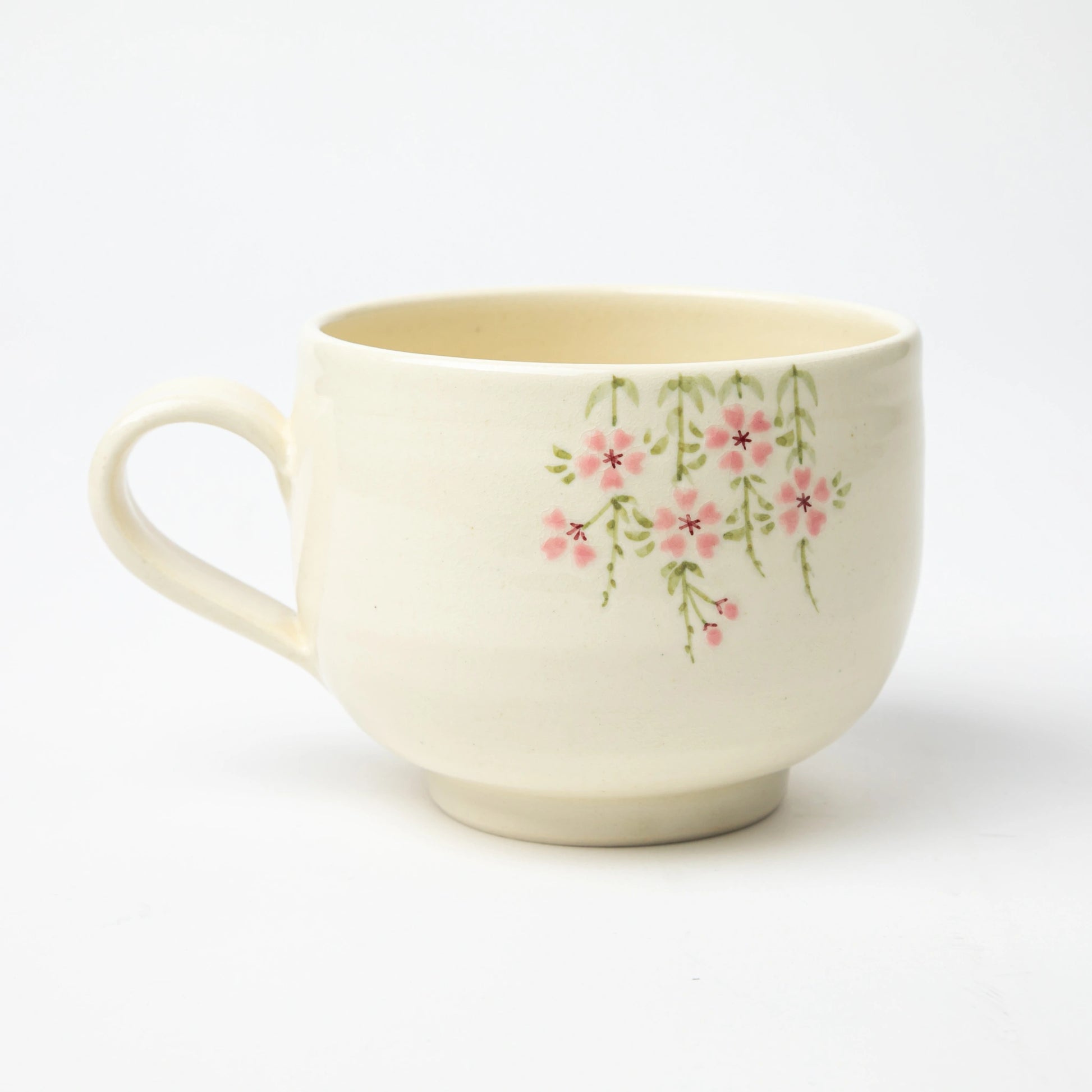 Side view of the Gion Sakura Café au Lait Mug with hand-painted cherry blossom patterns and elegant curves.