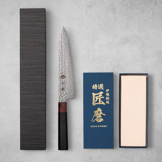 Ishizuchi VG10 Damascus Tsuchime Kiritsuke Chef Knife and Japanese Whetstone Set