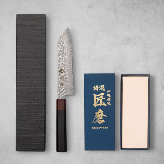 Ishizuchi VG10 Damascus Tsuchime Kiritsuke Knife and Japanese Whetstone Set