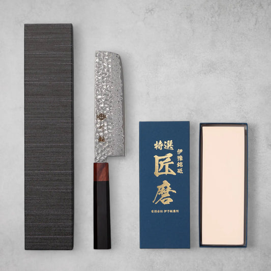 Ishizuchi VG10 Damascus Tsuchime Nakiri Knife and Japanese Whetstone Set