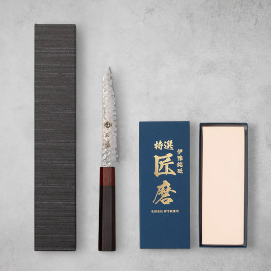 Ishizuchi VG10 Damascus Tsuchime Kiritsuke Petty Knife and Japanese Whetstone Set