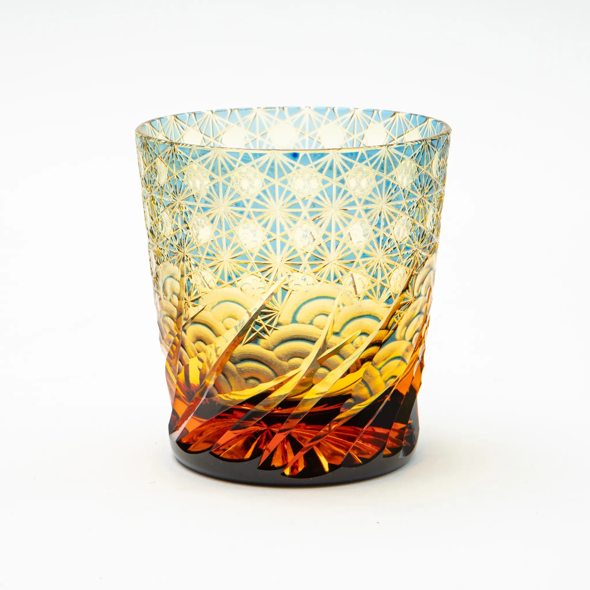 Edo Kiriko Amber Azure Whiskey Glass Sazanami
