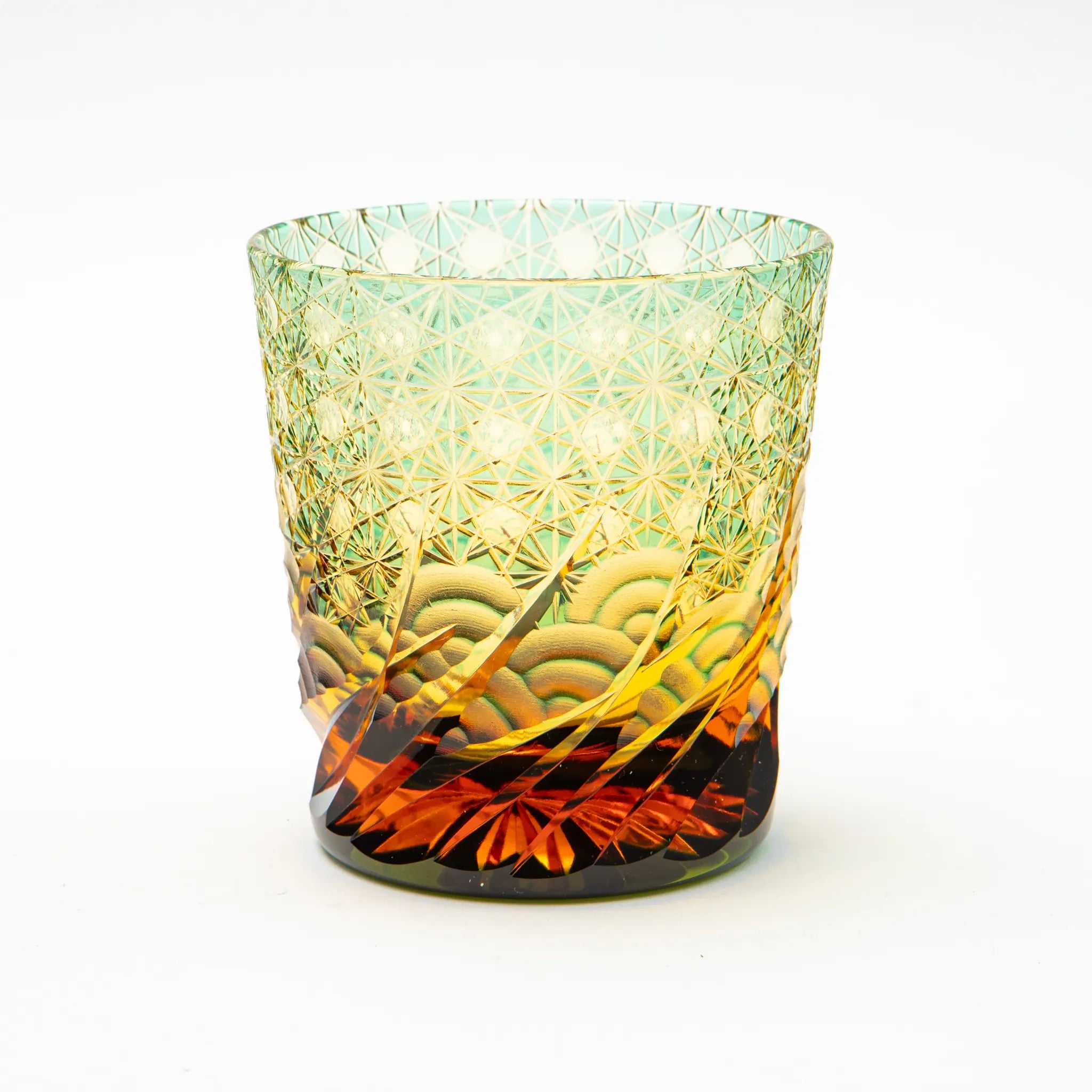 Edo Kiriko Amber Green Whiskey Glass Sazanami