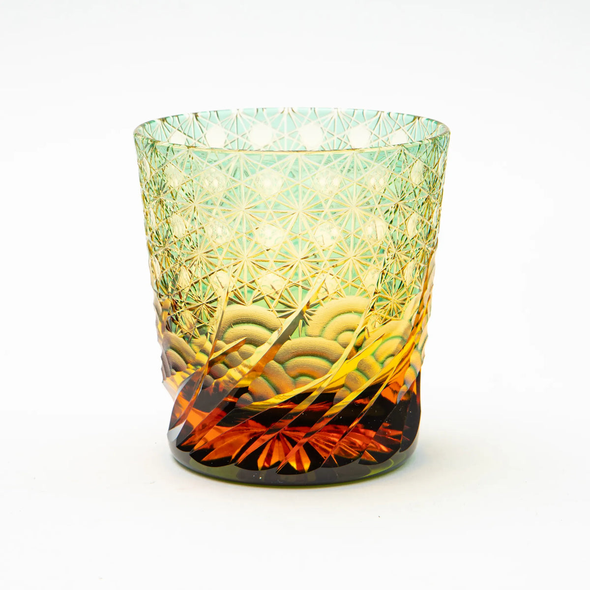 Edo Kiriko Amber Green Whiskey Glass Sazanami