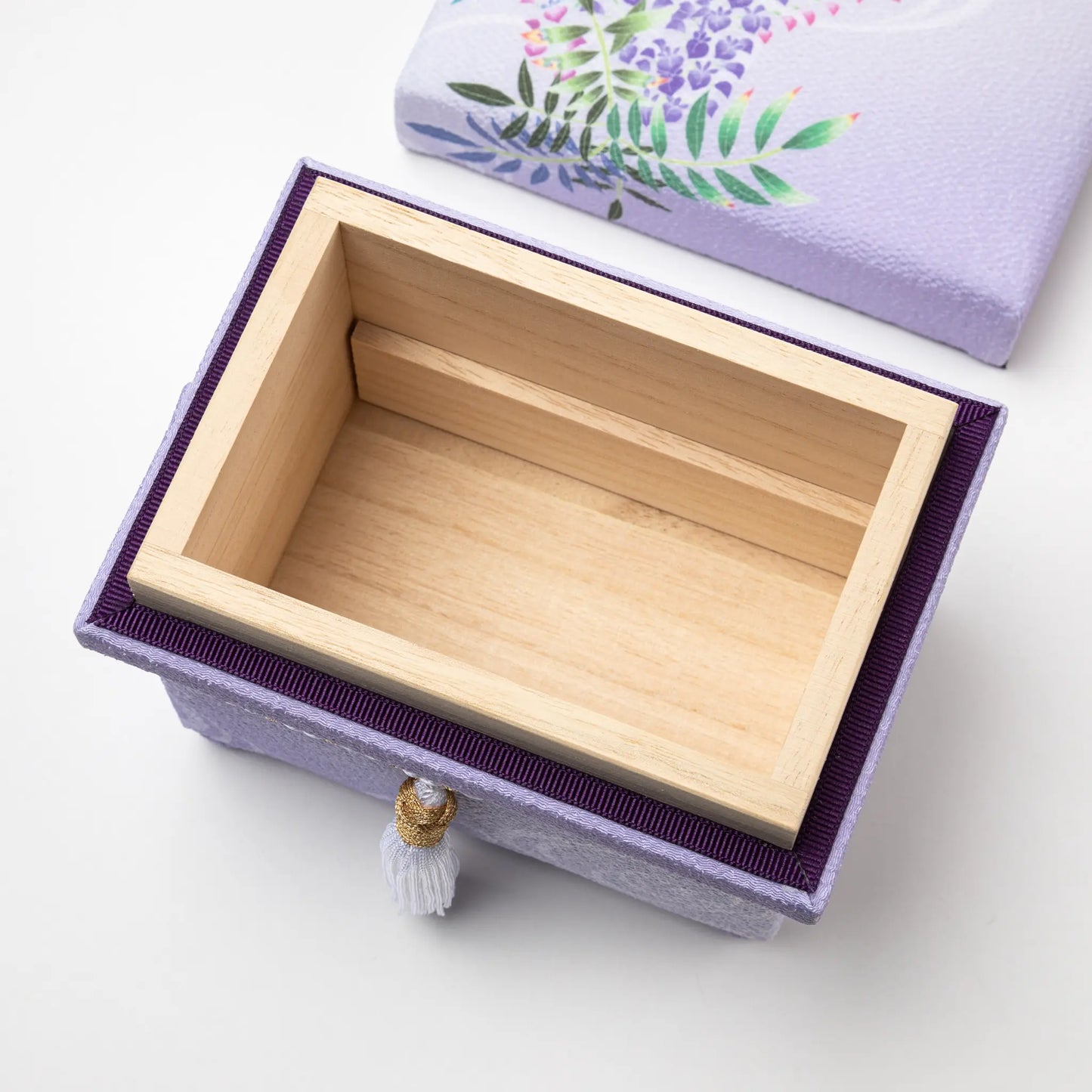 Alternate interior view of the Kaga Yuzen Wisteria Accessory Box, showcasing an open compartment lined with a sturdy wooden frame, perfect for storing accessories.